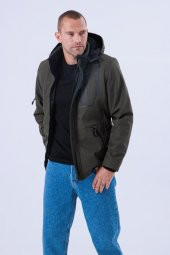 Erkek Kapüşonlu Su Ve Rüzgar Geçirmez Kapitone Içi Kürklü Elyaf Dolgulu Şişme Haki Softshell Mont - 5