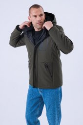 Erkek Kapüşonlu Su Ve Rüzgar Geçirmez Kapitone Içi Kürklü Elyaf Dolgulu Şişme Haki Softshell Mont - 6