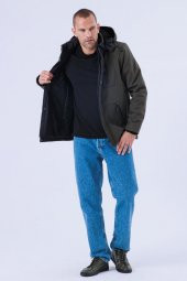 Erkek Kapüşonlu Su Ve Rüzgar Geçirmez Kapitone Içi Kürklü Elyaf Dolgulu Şişme Haki Softshell Mont - 7
