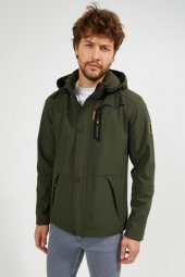 Erkek Haki Kapüşonlu Su Ve Rüzgar Geçirmez Cep Detaylı İçi Kürklü Softshell Mont - 4