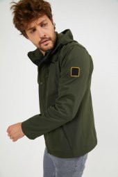 Erkek Haki Kapüşonlu Su Ve Rüzgar Geçirmez Cep Detaylı İçi Kürklü Softshell Mont - 5