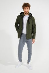 Erkek Haki Kapüşonlu Su Ve Rüzgar Geçirmez Cep Detaylı İçi Kürklü Softshell Mont - 8