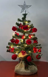 Yılbaşı Masaüstü Süslü Yeni Yıl Çam Ağacı 40 cm, Kütüklü Kırmızı Konsept 25 Parça Süs SET thumbnail 2