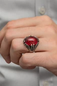 Kırmızı Lal Taşlı Oval 925 Gümüş Erkek Yüzük - 1