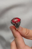 Kırmızı Lal Taşlı Oval 925 Gümüş Erkek Yüzük - 8