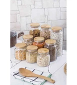 9'lu Bambu Kapaklı Cam Kavanoz & Erzak Saklama Kabı Seti 3* 1.3 Lt + 0.80 Lt + 0.50 Lt (Vakum Kapak) - 1