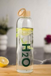 H2o Borosilikat Cam Matara Bambu Vakum Kapaklı Su Şişesi Suluk 1000 ML - 1