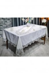 26 Parça Fransız Güpürlü Firuze Masa Örtüsü Takımı Krem - Silver thumbnail 9