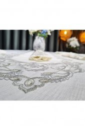 26 Parça Fransız Güpürlü Firuze Masa Örtüsü Takımı Krem - Silver thumbnail 10