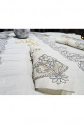 26 Parça Fransız Güpürlü Firuze Masa Örtüsü Takımı Krem - Silver thumbnail 11