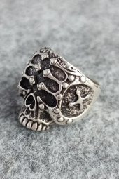 Miğferli Kuru Kafa Şekilli Erkek Yüzük Gümüş Kaplama Ayarlanabilir El Yapımı Erkek Yüzük thumbnail 3