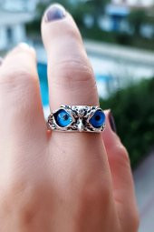 Mavi Gözlü Baykuş Şekilli Kadın Yüzük Gümüş Kaplama Ayarlanabilir El Yapımı Kadın Yüzük thumbnail 2