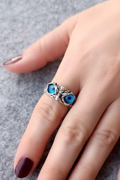 Mavi Gözlü Baykuş Şekilli Kadın Yüzük Gümüş Kaplama Ayarlanabilir El Yapımı Kadın Yüzük thumbnail 3