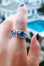 Mavi Gözlü Baykuş Şekilli Kadın Yüzük Gümüş Kaplama Ayarlanabilir El Yapımı Kadın Yüzük thumbnail 4
