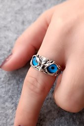 Mavi Gözlü Baykuş Şekilli Kadın Yüzük Gümüş Kaplama Ayarlanabilir El Yapımı Kadın Yüzük thumbnail 1