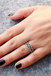 Kareler Şekilli Kadın Yüzük Gümüş Kaplama Ayarlanabilir El Yapımı Kadın Yüzük thumbnail 3