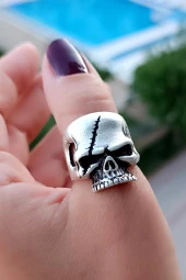 Dikişli Kuru Kafa Şekilli Erkek Yüzük Gümüş Kaplama Ayarlanabilir El Yapımı Erkek Yüzük thumbnail 2