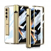 KNY Samsung Galaxy Z Fold 4 Kılıf Kalem Koymalı Standlı Renkli Kipta Kapak Gold - 1