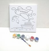 Hayal Sepeti UÇAK VE GEMİ Resimli Tuval 20 X 20 6lı boya, fırça Boyama seti - 1