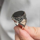 Oniks Taşlı İsimli 925 Gümüş Erkek Yüzük - 6