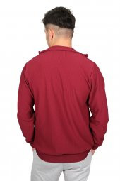 Erkek Petek Desenli Fermuarlı Jakarlı Bordo Hırka-2826 - 3