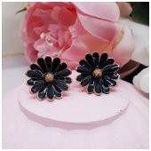 Altın Kaplama Kadın Siyah Papatya Küpe - 1