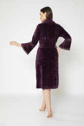 Mürdüm Dantelli İspanyol Kol Bambo Cotton Bayan Sabahlık Bornoz - 3