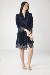 Lacivert Şalyaka Dantelli Niki Kadife Bambu Cotton Bayan Sabahlık thumbnail 1