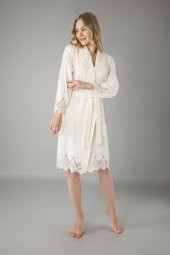 Lacivert Şalyaka Dantelli Niki Kadife Bambu Cotton Bayan Sabahlık thumbnail 3