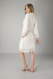 Lacivert Şalyaka Dantelli Niki Kadife Bambu Cotton Bayan Sabahlık thumbnail 4