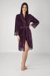 Lacivert Şalyaka Dantelli Niki Kadife Bambu Cotton Bayan Sabahlık thumbnail 5