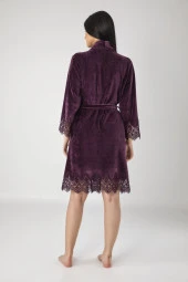 Lacivert Şalyaka Dantelli Niki Kadife Bambu Cotton Bayan Sabahlık thumbnail 6