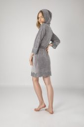 Antrasit Kısa Kapüşonlu Brode Dantel Niki Kadife Bambu Pamuklu Bayan Sabahlık - 4