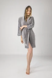 Antrasit Kısa Kapüşonlu Brode Dantel Niki Kadife Bambu Pamuklu Bayan Sabahlık - 3