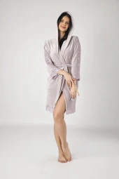 Antrasit Kısa Kapüşonlu Brode Dantel Niki Kadife Bambu Pamuklu Bayan Sabahlık - 9