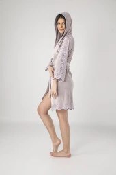 Antrasit Kısa Kapüşonlu Brode Dantel Niki Kadife Bambu Pamuklu Bayan Sabahlık - 10