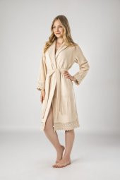 Bej Dantelli Bambu Cotton Bayan Bornozu - 1