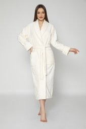 Krem Eteği Kolu Jakarlı Bambo Cotton Bayan Bornozu - 1