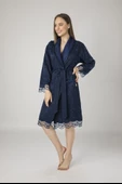 Lacivert Saten Bukle Bambu Cotton Bayan Bornozu - 1
