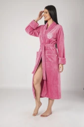 Pembe Nakışlı Bambu Cotton Bayan Bornozu - 1