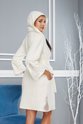 Krem Dantelli Bambu Cotton Bayan Bornoz thumbnail 2