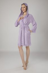 Mint Yeşili Dantelli Bambo Cotton Bayan Bornozu - 3