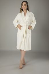Krem Dantelli Bambu Cotton Bayan Bornozu - 1