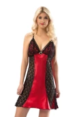 Sistina Bayan Kırmızı Siyah Dantelli Saten Kısa Gecelik M-373 thumbnail 1