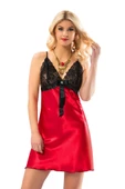 Sistina Bayan Siyah Dantelli Kırmızı Saten Kısa Gecelik M-383 thumbnail 1