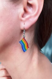 Mineli Gökkuşağı Pride Bayrak Şekilli Unisex Küpe Çift Adet Gümüş Kaplama El Yapımı Unisex Küpe - 2