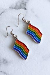 Mineli Gökkuşağı Pride Bayrak Şekilli Unisex Küpe Çift Adet Gümüş Kaplama El Yapımı Unisex Küpe - 5