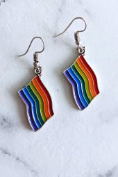 Mineli Gökkuşağı Pride Bayrak Şekilli Unisex Küpe Çift Adet Gümüş Kaplama El Yapımı Unisex Küpe - 6
