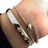 Gümüş  Renk Kombin Bileklik Seti Cartier Taşlı Bileklik Ve Zirkon Macun Bileklik - 1036 - 5