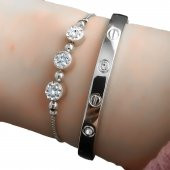 Gümüş  Renk Kombin Bileklik Seti Cartier Taşlı Bileklik Ve Zirkon Macun Bileklik - 1036 - 7